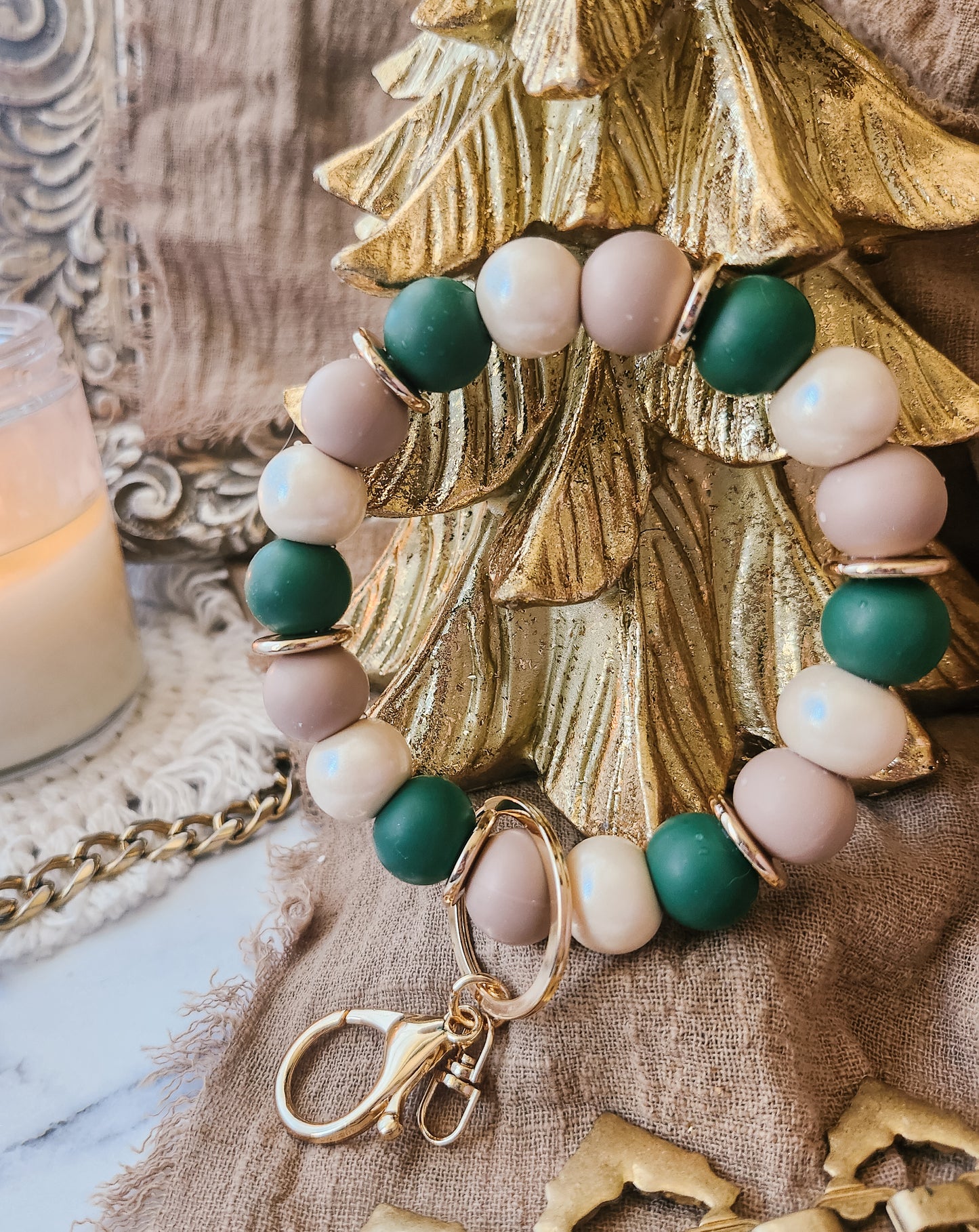 Ivory and Forest Holiday Key-Wristlet