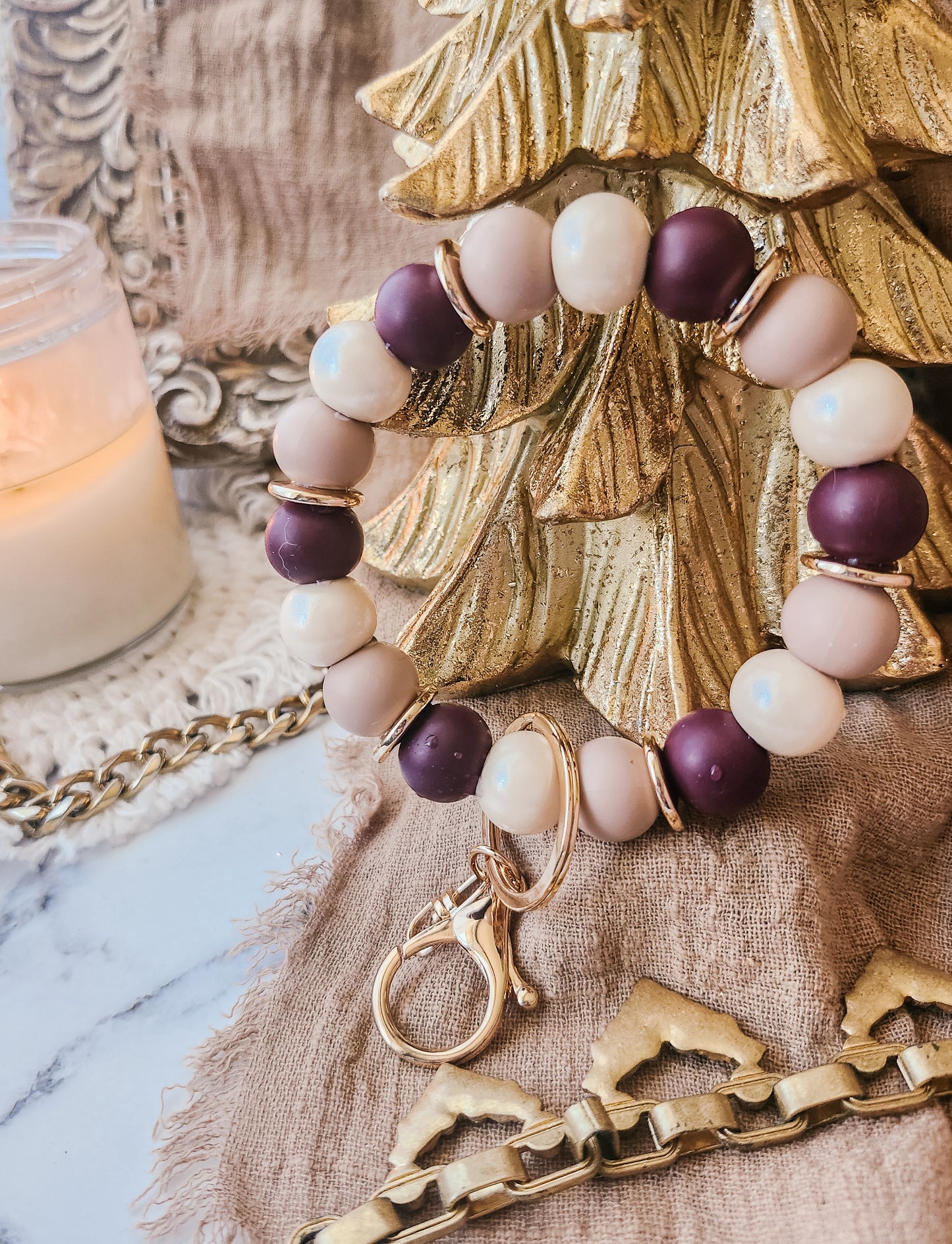 Ivory and Burgundy Holiday Key-Wristlet