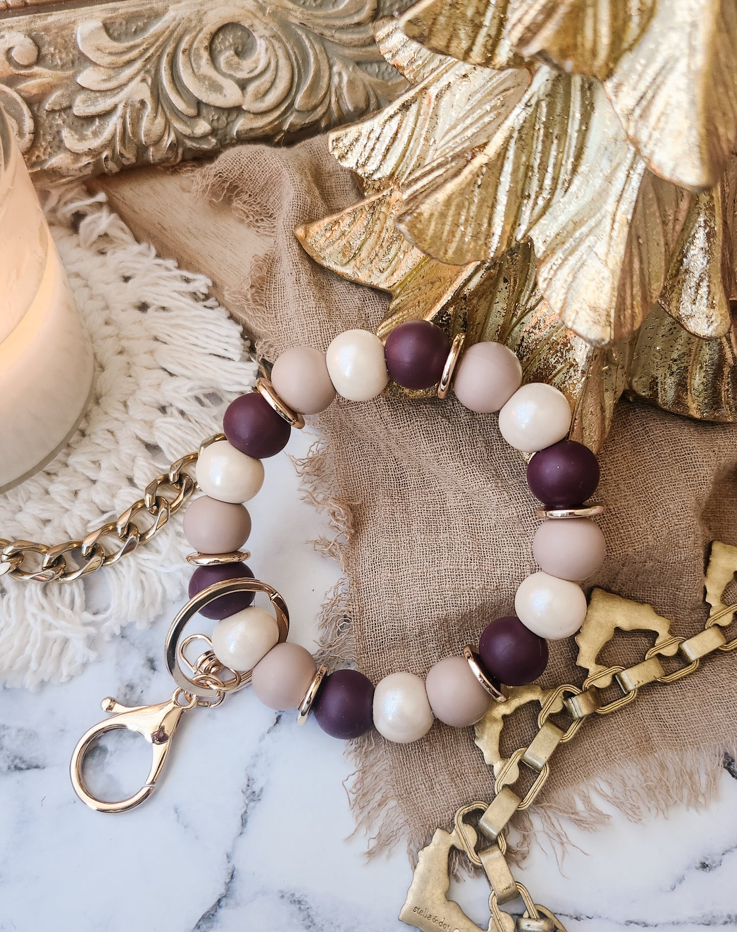 Ivory and Burgundy Holiday Key-Wristlet